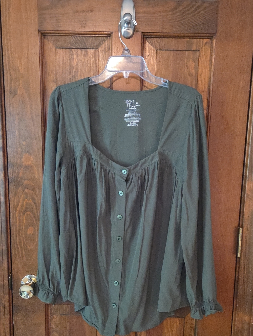 Time and Tru Maternity Olive Button-Front Peasant Top
